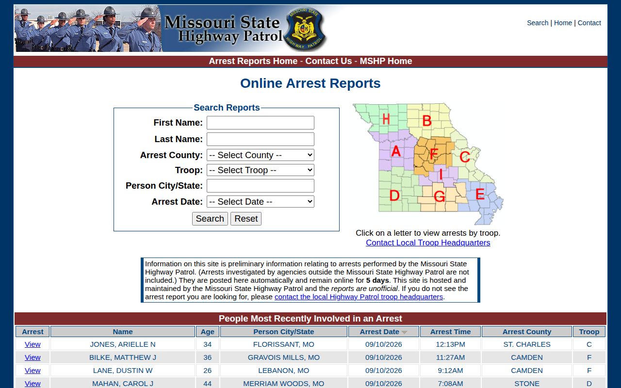 Laclede County daily arrest report search on the Missouri State Highway Patrol site