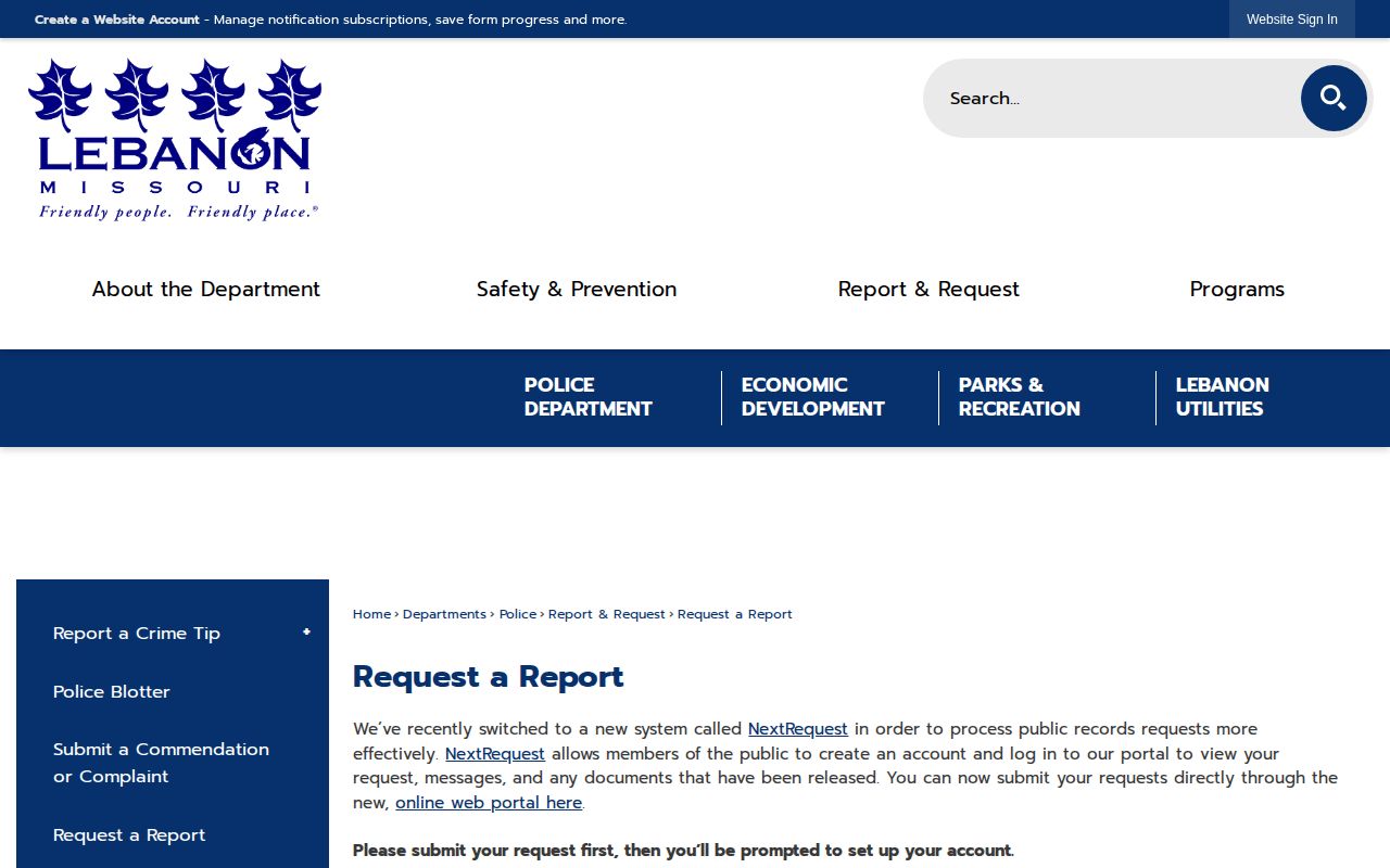 Official Lebanon request path for a Laclede County arrest report