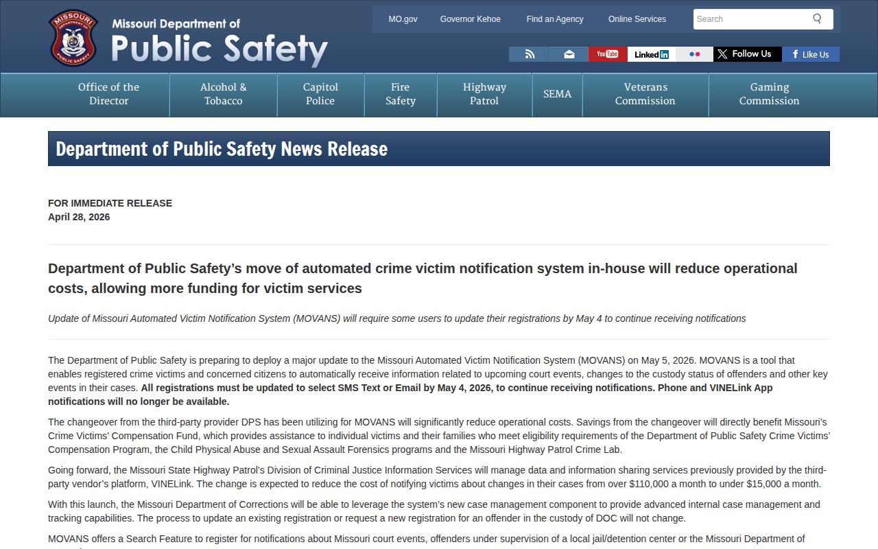 Missouri MOVANS SMS and email rules for Laclede County custody alerts