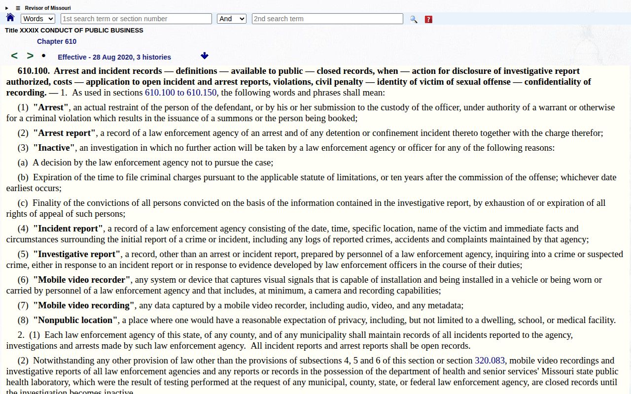 Missouri law for Laclede County public and closed arrest records
