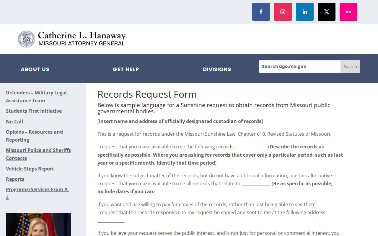 Missouri Sunshine request template for Laclede County booking records